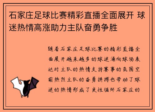 石家庄足球比赛精彩直播全面展开 球迷热情高涨助力主队奋勇争胜